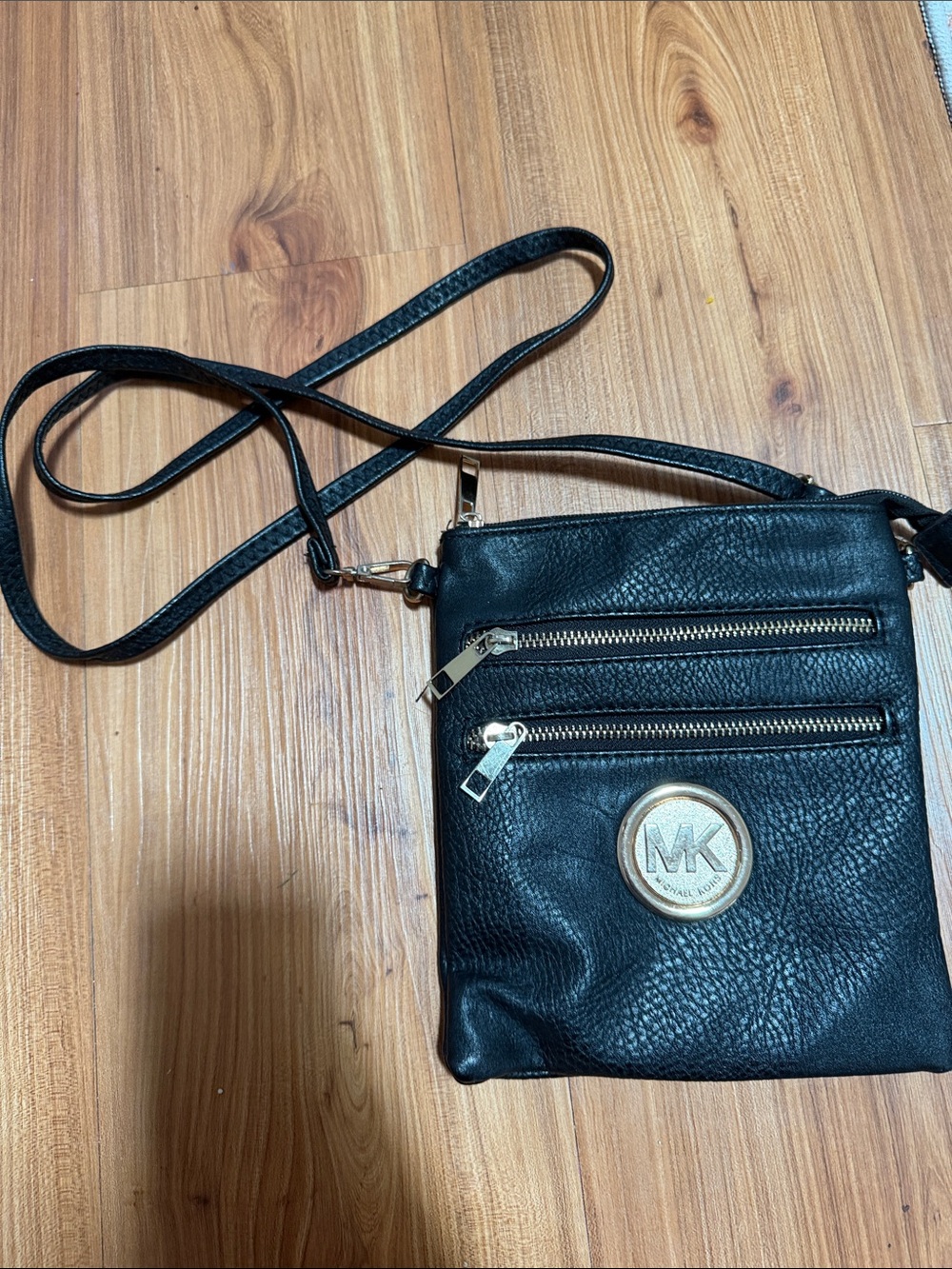 Inspired  Black Leather Crossbody with Gold MK Emblem